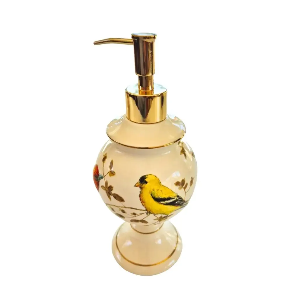 Gilded Birds Bathroom Soap Dish Lotion Dispenser Tumbler 3 Piece Set Like New